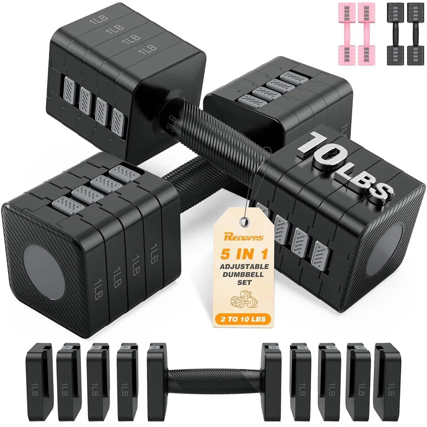 Adjustable Dumbbell Set of 2, 1-Sec Quick-Adjust Dual-Lock Design Hand Weights for Women & Men, Compact No-Roll, Customized