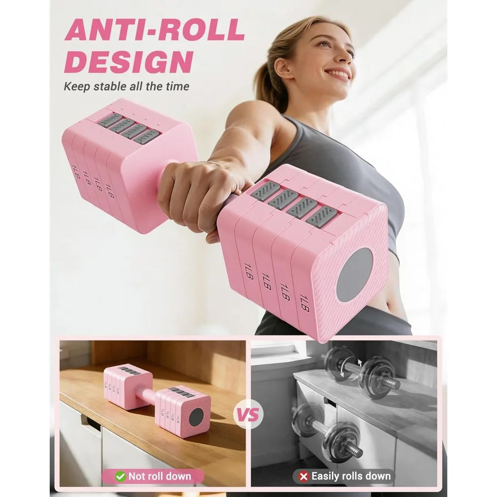 Adjustable Dumbbell Set of 2, 1-Sec Quick-Adjust Dual-Lock Design Hand Weights for Women & Men, Compact No-Roll, Customized