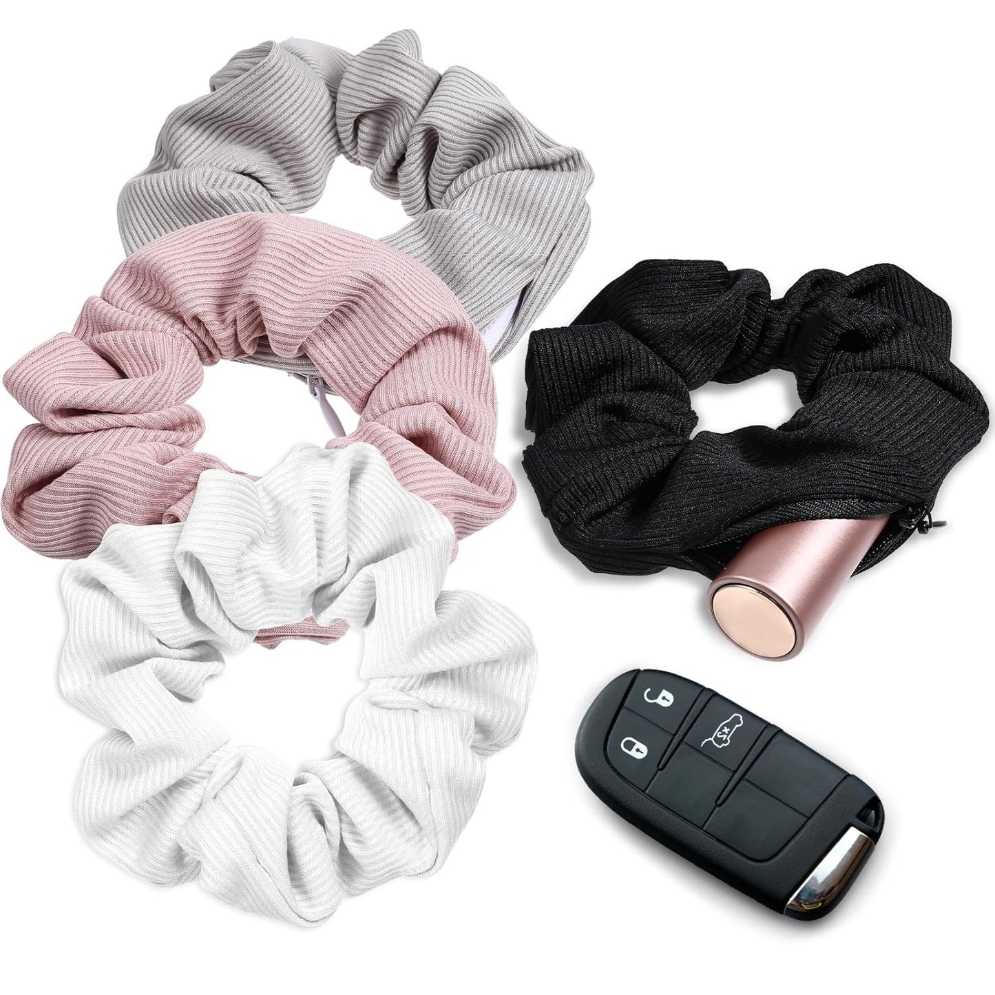 4Pcs Stash Scrunchie Zipper Scrunchiehidden Pocket Scrunchie, Pocket Scrunchies Hair Ties with Hidden Zipper, for Hide Money,Elastic Hair Ties Ponytail Holder Accessories