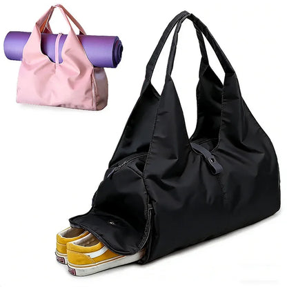 Gym Tote Bag for Women with Yoga Mat Holder Shoe Pocket Workout Handbag Training Fitness Sports Travel Daily Use Shoulder Bags