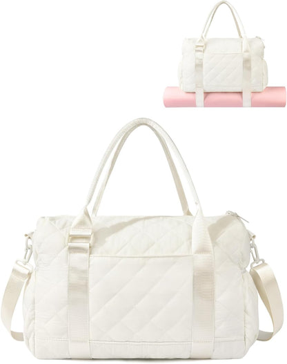 Gym Bag for Women with Yoga Mat Holder, Small Mini Gym Tote Bag Puffy Quilted Lightweight Sports Duffel Bag with Wet Compartment for Dance Yoga Workout Travel - Beige