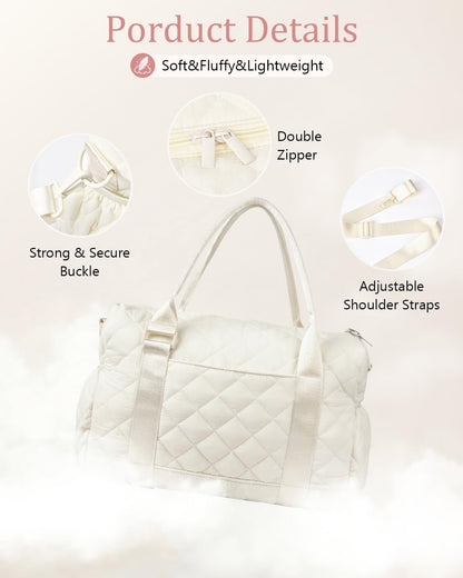 Gym Bag for Women with Yoga Mat Holder, Small Mini Gym Tote Bag Puffy Quilted Lightweight Sports Duffel Bag with Wet Compartment for Dance Yoga Workout Travel - Beige
