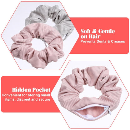 4Pcs Stash Scrunchie Zipper Scrunchiehidden Pocket Scrunchie, Pocket Scrunchies Hair Ties with Hidden Zipper, for Hide Money,Elastic Hair Ties Ponytail Holder Accessories