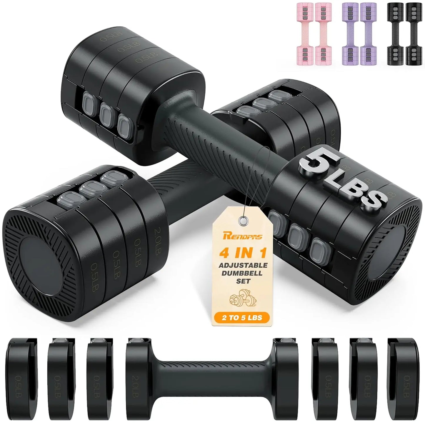 Adjustable Dumbbell Set of 2, 1-Sec Quick-Adjust Dual-Lock Design Hand Weights for Women & Men, Compact No-Roll, Customized