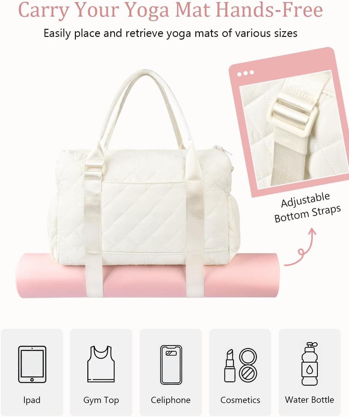 Gym Bag for Women with Yoga Mat Holder, Small Mini Gym Tote Bag Puffy Quilted Lightweight Sports Duffel Bag with Wet Compartment for Dance Yoga Workout Travel - Beige