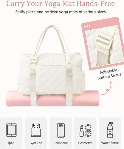 Gym Bag for Women with Yoga Mat Holder, Small Mini Gym Tote Bag Puffy Quilted Lightweight Sports Duffel Bag with Wet Compartment for Dance Yoga Workout Travel - Beige